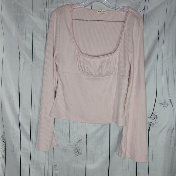 Derek Heart Tops - Derek Heart Light Pink Ribbed Ruched Bust Square Neck Bell Sleeve Top